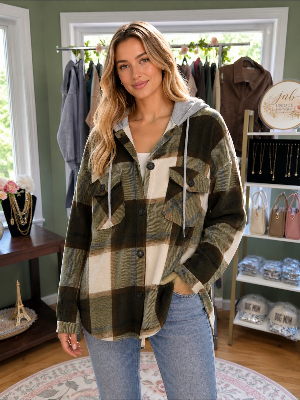 Zenana LT OLIVE PLAID DRAWSTRING HOODED FLEECE SHACKET
